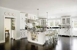 White color cabinets in large kitchen with wooden flooring Flooring wooden