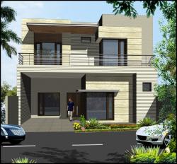Double storey elevation design with large windows and greenish stone cladding Fall sililing of double beed