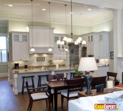L shaped Open kitchen with barstools and dining  Interior Design Photos