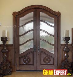 Entrance wooden door with glass and carving Interior Design Photos