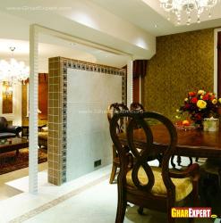 Tiled wall partition in drawing room for dining area Led in room