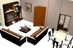 Living Room Planning with Dining showing Furniture, LCD Unit, Dining Ladies shoes show rooms design