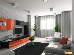 Living Room Interior in Modern Style showing Furniture, LCD Unit, Flooring and Lighting Show room intirior