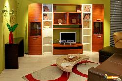 Green living room with big shelf for TV Cornerglass shelf