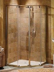 Corner bath shower unit with golden edges Interior Design Photos