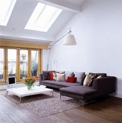 Contemporary Living Room Natural Lighting with skylights and large windows. Furniture for living room  living falscilling