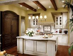 White cabinets with white marble counter top, Task lighting over the kitchen sink, wooden flooring and wooden ceiling in kitchen Interior Design Photos